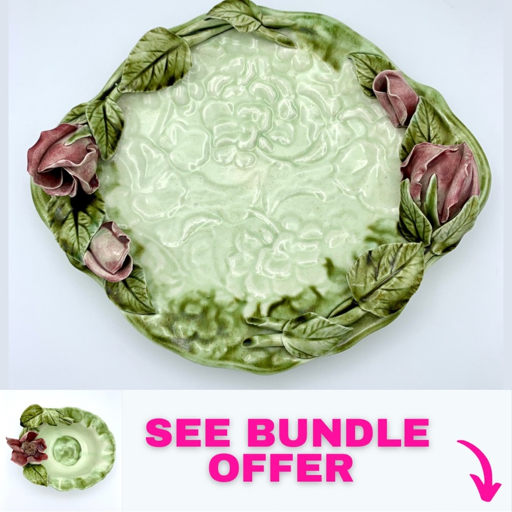 Vintage Majolica Pottery Platter 12” Green Leaves Pink Capodimonte Raised Roses